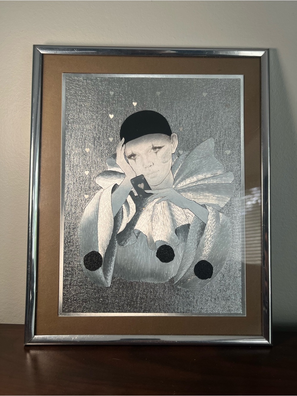 Vintage Art Deco Clown Pierrot Framed Print Silver Metallic leaf foil Retro glam